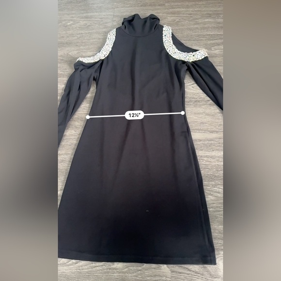 ALICE + OLIVIA Delora Embellished Shoulder cutout turtle neck mini Black Dress 2 - Picture 6 of 16